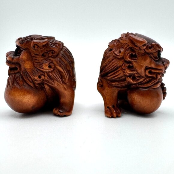 Ojime Netsuke 2 Foo Dog Lion Figurines Hand-Carved Boxwood Signed No Hole #3 - Picture 7 of 10